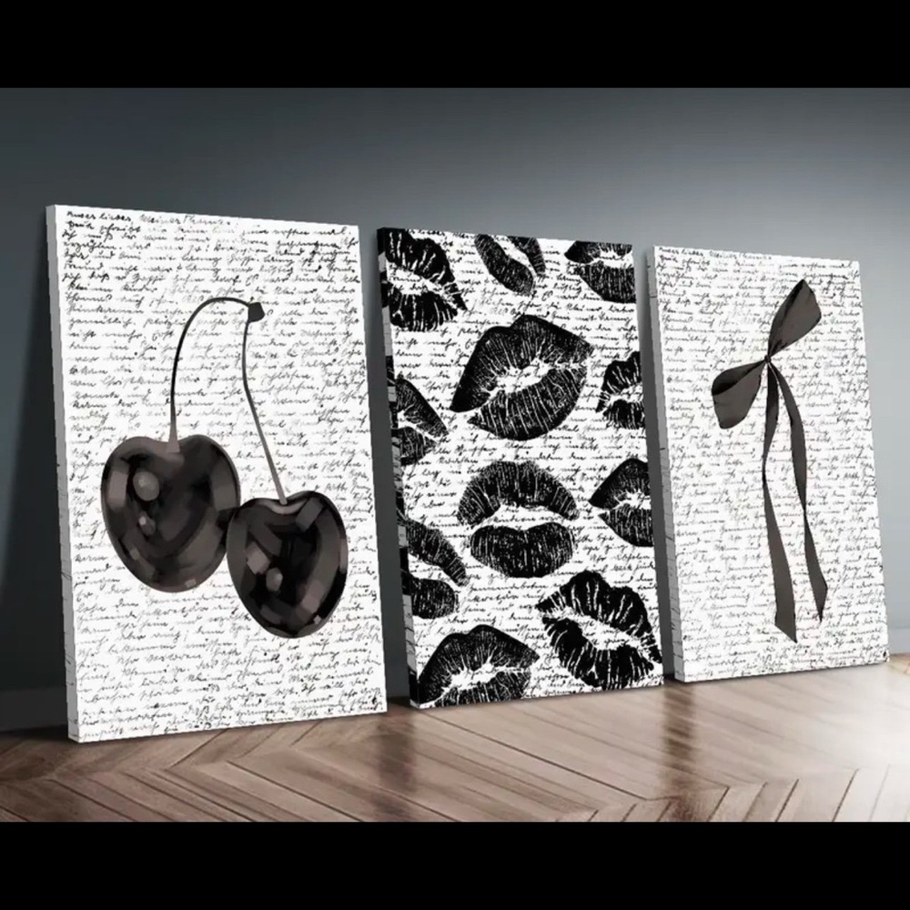 3 Piece Black & White Glam Retro Framed Canvas Wall Art Sexy Lips Cherry & Bow